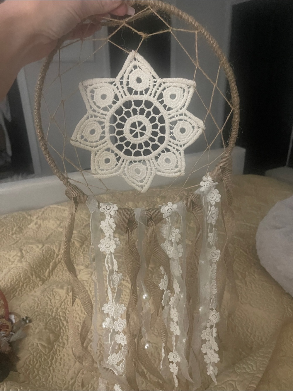 Boho Crochet Dreamcatcher Wall Hanging - Cream & Burlap